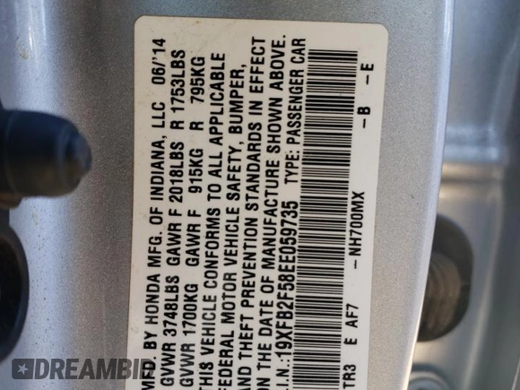 2014 Honda Civic LX with VIN 19XFB2F58EE059735, listed as a Copart auction lot 83698064 with 110,458 mi miles and Salvage Title. Bid and sale history available at carsss.com. Image 14.