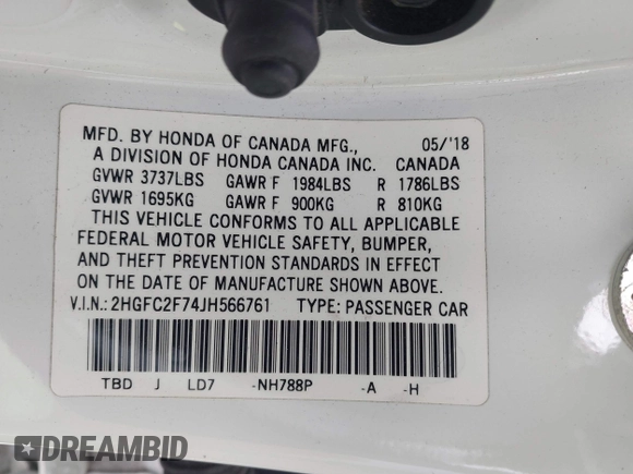 2018 Honda Civic EX with VIN 2HGFC2F74JH566761, listed as a IAAI auction lot 42117730 with 73,946 mi miles and . Bid and sale history available at DreamBid. Image 9.