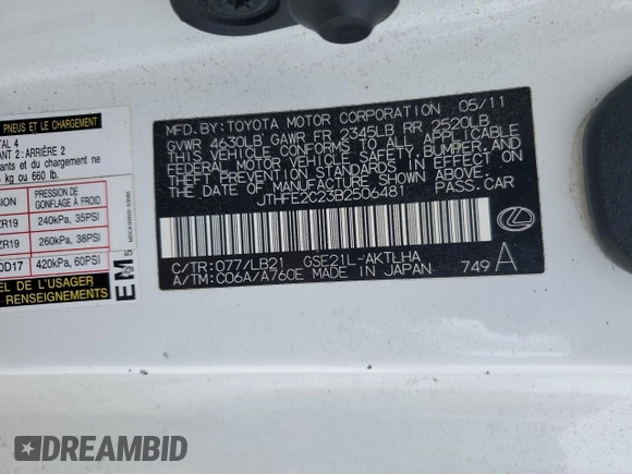 2011 Lexus IS 350 C z VIN JTHFE2C23B2506481, wystawiony jako Copart lot #56899655 z przebiegiem 123 716 mil mil oraz Szkoda całkowita • Salvage title. Historia ofert i sprzedaży dostępna na DreamBid. Obrazek 13.