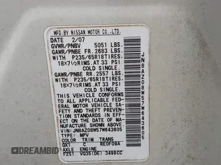 2007 Nissan Murano SL with VIN JN8AZ08W57W643605, listed as a IAAI auction lot 41848324 with 249,590 mi miles and . Bid and sale history available at DreamBid. Image 9.