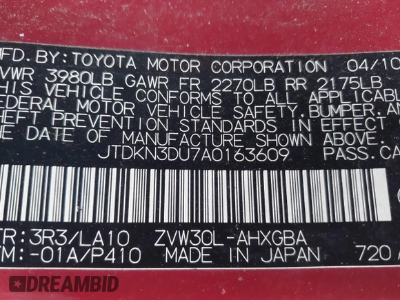 2010 Toyota Prius II with VIN JTDKN3DU7A0163609, listed as a IAAI auction lot 41739544 with 59,163 mi miles. Bid and sale history available at carsss.com. Image 9.