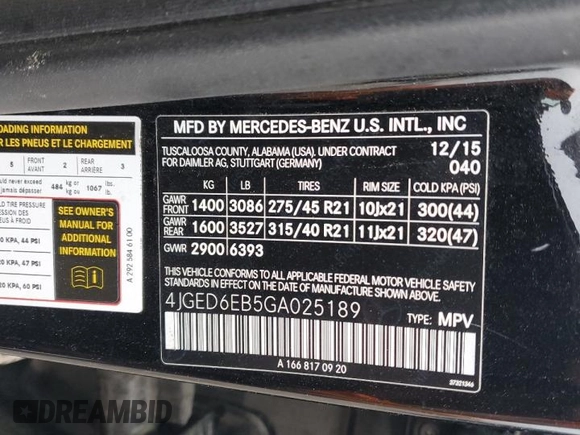 2016 Mercedes-Benz GLE 450 AMG with VIN 4JGED6EB5GA025189, listed as a Copart auction lot 54160625 with 126,505 mi miles and Salvage title. Bid and sale history available at DreamBid. Image 14.