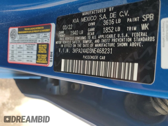 2022 Kia Rio LX with VIN 3KPA24AD3NE468231, listed as a Copart auction lot 49903475 with 62,187 mi miles and Salvage Title. Bid and sale history available at carsss.com. Image 12.