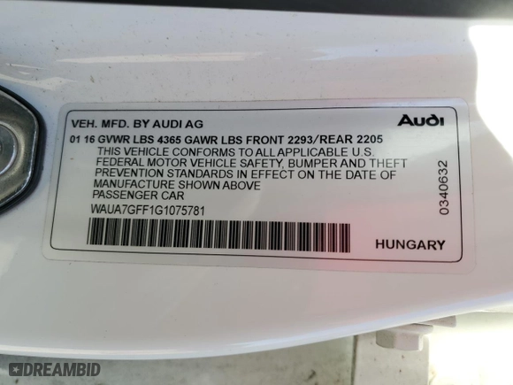 2016 Audi A3 1.8T Premium with VIN WAUA7GFF1G1075781, listed as a Copart auction lot 73407244 with 97,346 mi miles and Salvage Title. Bid and sale history available at carsss.com. Image 12.