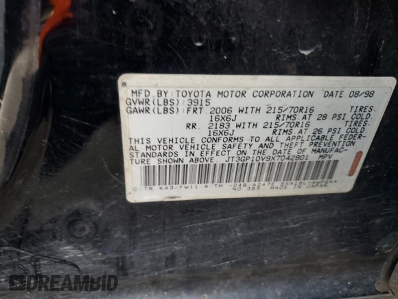 1999 Toyota RAV4 with VIN JT3GP10V9X7042801, listed as a Copart auction lot 82712874 with 256,151 mi miles and Salvage Title. Bid and sale history available at DreamBid. Image 12.