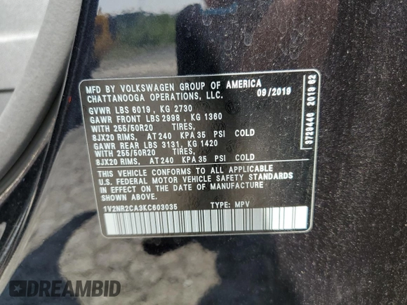 2019 Volkswagen Atlas SEL Premium z VIN 1V2NR2CA3KC603035, wystawiony jako Copart lot #60467885 z przebiegiem 97 303 mil mil oraz Szkoda całkowita • Salvage title. Historia ofert i sprzedaży dostępna na DreamBid. Obrazek 14.