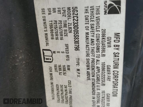 2005 Saturn VUE z VIN 5GZCZ33D05S830796, wystawiony jako Copart lot #57274155 z przebiegiem 150 894 mil mil oraz Szkoda całkowita • Salvage title. Historia ofert i sprzedaży dostępna na DreamBid. Obrazek 13.