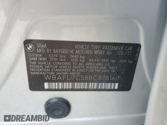 2011 BMW 5 Series 535i xDrive with VIN WBAFU7C58BC878160, listed as a Copart auction lot 52968185 with 164,177 mi miles and Clean Title. Bid and sale history available at DreamBid. Image 12.
