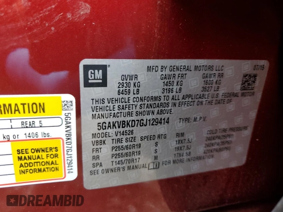 2016 Buick Enclave Leather with VIN 5GAKVBKD7GJ129414, listed as a Copart auction lot 80619034 with 141,253 mi miles and Salvage Title. Bid and sale history available at DreamBid. Image 13.
