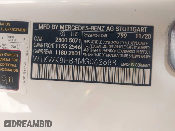 2021 Mercedes-Benz C with VIN W1KWK8HB4MG062688, listed as a IAAI auction lot 41564186 with 18,326 mi miles and . Bid and sale history available at DreamBid. Image 9.