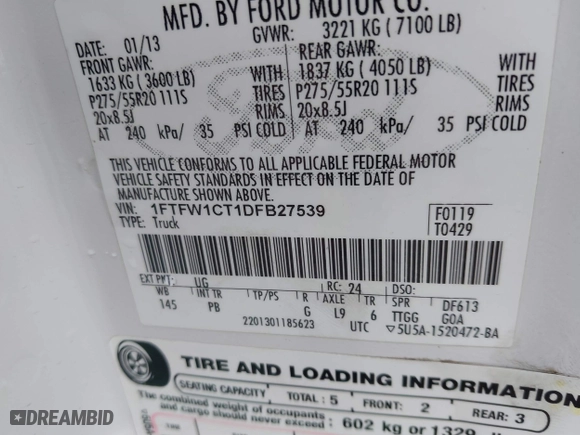 2013 Ford F-150 XL with VIN 1FTFW1CT1DFB27539, listed as a IAAI auction lot 41524711 with 210,664 mi miles. Bid and sale history available at carsss.com. Image 9.
