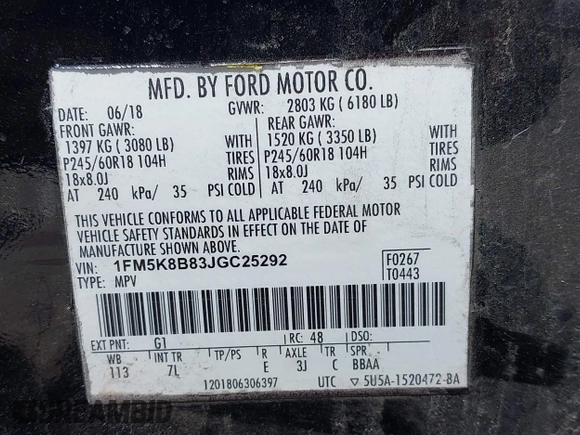 2018 Ford Explorer with VIN 1FM5K8B83JGC25292, listed as a IAAI auction lot 42018151 with 110,728 mi miles and . Bid and sale history available at DreamBid. Image 9.