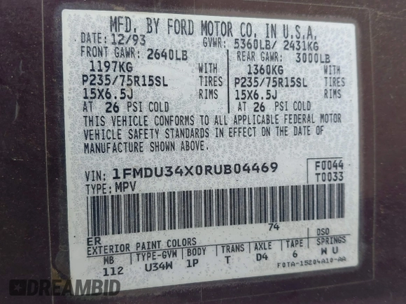1994 Ford Explorer Eddie Bauer с VIN 1FMDU34X0RUB04469, выставлен на аукционе IAAI как лот 42204709 с пробегом 97 367 миль миль и . История ставок и продаж доступна на DreamBid. Изображение 9.