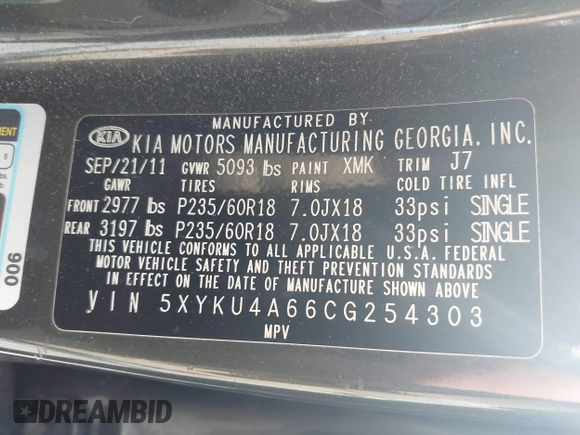 2012 Kia Sorento EX with VIN 5XYKU4A66CG254303, listed as a IAAI auction lot 41905974 with 135,934 mi miles. Bid and sale history available at carsss.com. Image 9.
