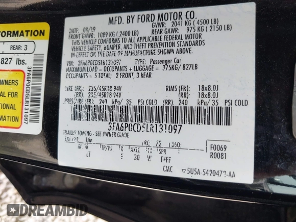 2020 Ford Fusion SEL z VIN 3FA6P0CD5LR131097, wystawiony jako IAAI lot #42218517 z przebiegiem 94 394 mil mil oraz . Historia ofert i sprzedaży dostępna na DreamBid. Obrazek 9.