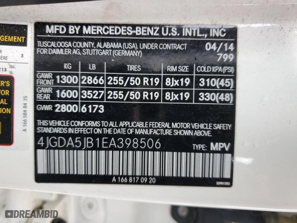 2014 Mercedes-Benz M-Class ML 350 with VIN 4JGDA5JB1EA398506, listed as a Copart auction lot 48250855 with NaN miles and Salvage Title. Bid and sale history available at carsss.com. Image 13.