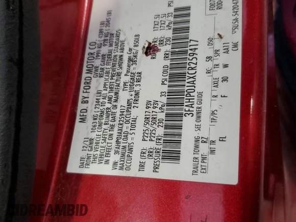 2012 Ford Fusion SEL with VIN 3FAHP0JAXCR259417, listed as a Copart auction lot 49799065 with 229,464 mi miles and Salvage Title. Bid and sale history available at carsss.com. Image 12.