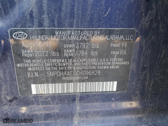 2012 Hyundai Elantra GLS PZEV with VIN 5NPDH4AE0CH096828, listed as a Copart auction lot 51997595 with 184,896 mi miles and Salvage Title. Bid and sale history available at carsss.com. Image 15.
