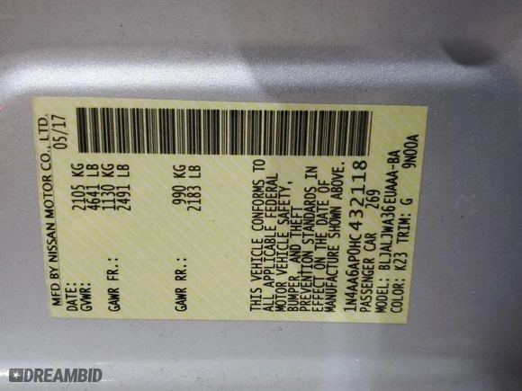 2017 Nissan Maxima SV with VIN 1N4AA6AP0HC432118, listed as a Copart auction lot 42631345 with 126,379 mi miles and Salvage Title. Bid and sale history available at carsss.com. Image 14.