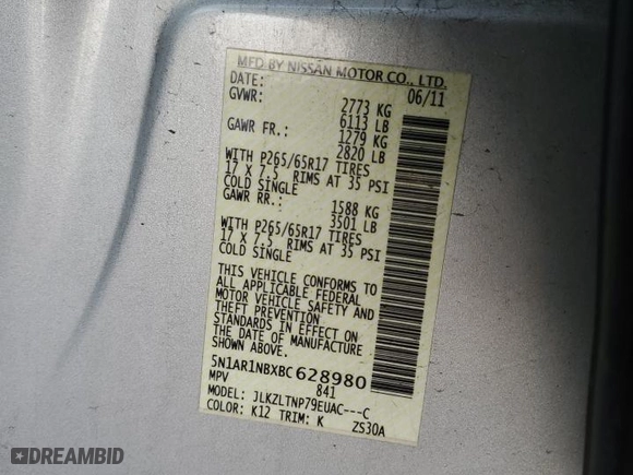 2011 Nissan Pathfinder Silver with VIN 5N1AR1NBXBC628980, listed as a Copart auction lot 85358044 with 0 mi miles and Salvage Title. Bid and sale history available at carsss.com. Image 13.