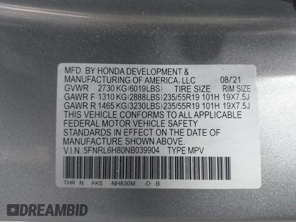 2022 Honda Odyssey Touring with VIN 5FNRL6H80NB039904, listed as a IAAI auction lot 41849132 with Not Provided miles and . Bid and sale history available at DreamBid. Image 9.