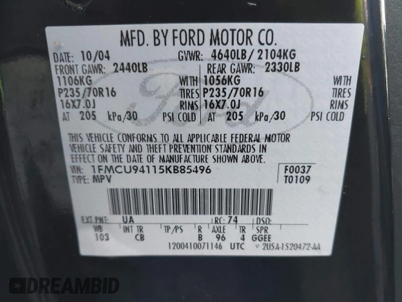 2005 Ford Escape Limited with VIN 1FMCU94115KB85496, listed as a IAAI auction lot 41384428 with 158,852 mi miles and . Bid and sale history available at DreamBid. Image 9.