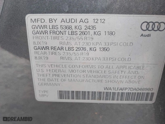 2013 Audi Q5 Premium Plus with VIN WA1LFAFP7DA046960, listed as a IAAI auction lot 41689911 with 117,900 mi miles. Bid and sale history available at carsss.com. Image 9.