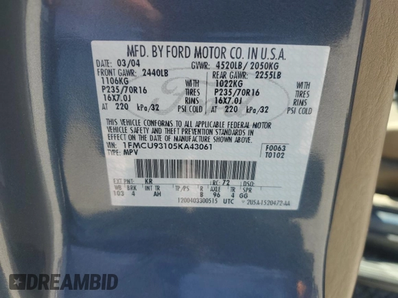 2005 Ford Escape XLT with VIN 1FMCU93105KA43061, listed as a Copart auction lot 62324555 with 121,517 mi miles and Salvage title. Bid and sale history available at DreamBid. Image 12.