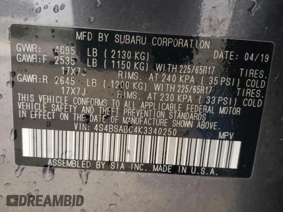 2019 Subaru Outback with VIN 4S4BSABC4K3340250, listed as a Copart auction lot 60686445 with Not provided miles and Salvage title. Bid and sale history available at DreamBid. Image 14.