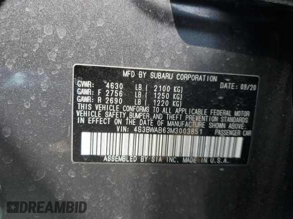 2021 Subaru Legacy with VIN 4S3BWAB63M3003851, listed as a Copart auction lot 54211325 with 36,124 mi miles and Salvage title. Bid and sale history available at DreamBid. Image 13.