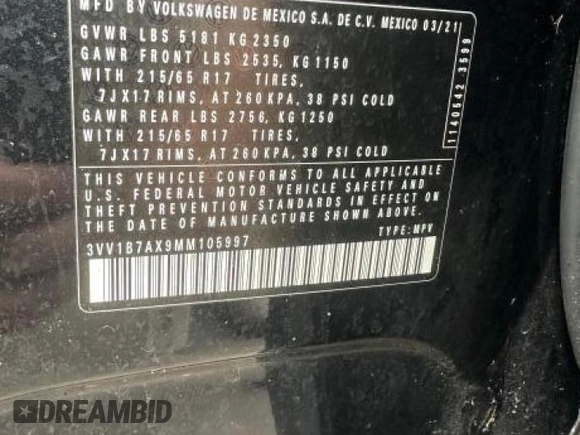 2021 Volkswagen Tiguan S with VIN 3VV1B7AX9MM105997, listed as a Copart auction lot 57079115 with 146,399 mi miles and Clean title. Bid and sale history available at DreamBid. Image 10.