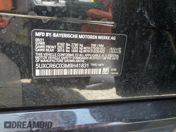 2021 BMW X5 xDrive40i with VIN 5UXCR6C03M9H41831, listed as a Copart auction lot 62145025 with Not provided miles and Salvage title. Bid and sale history available at DreamBid. Image 13.