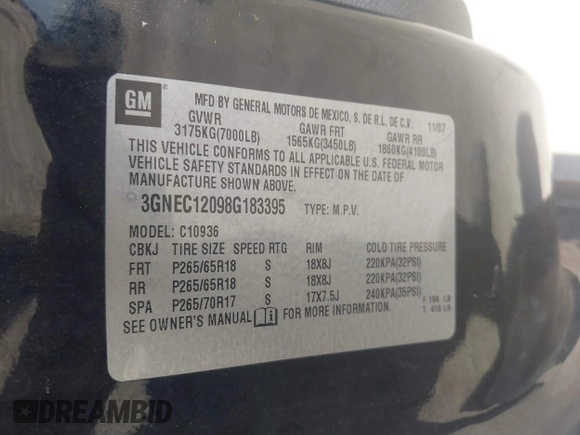 2008 Chevrolet Avalanche 3LT with VIN 3GNEC12098G183395, listed as a IAAI auction lot 42525049 with 167,369 mi miles and . Bid and sale history available at DreamBid. Image 9.