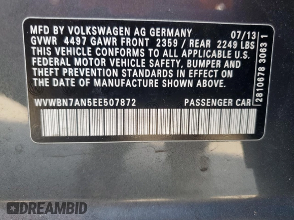 2014 Volkswagen CC Sport with VIN WVWBN7AN5EE507872, listed as a Copart auction lot 42879135 with 136,299 mi miles and Clean Title. Bid and sale history available at carsss.com. Image 12.