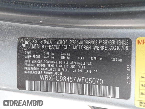 2007 BMW X3 3.0si with VIN WBXPC93457WF05070, listed as a IAAI auction lot 41962645 with Not Provided miles and . Bid and sale history available at DreamBid. Image 9.