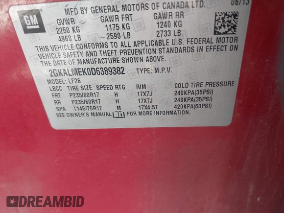 2013 GMC Terrain SLE with VIN 2GKALMEK0D6389382, listed as a IAAI auction lot 42056552 with 295,244 mi miles and . Bid and sale history available at carsss.com. Image 9.