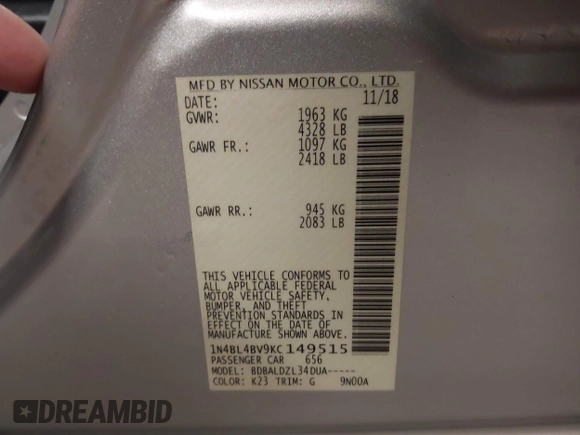2019 Nissan Altima 2.5 S with VIN 1N4BL4BV9KC149515, listed as a IAAI auction lot 41236906 with 85,052 mi miles. Bid and sale history available at carsss.com. Image 9.