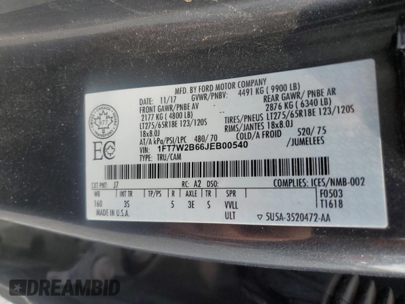 2018 Ford Super Duty F-250 SRW XL with VIN 1FT7W2B66JEB00540, listed as a Copart auction lot 52626865 with 101,222 mi miles and Salvage Title. Bid and sale history available at carsss.com. Image 12.
