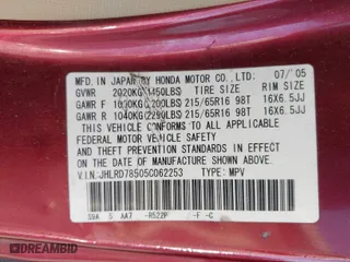 2005 Honda CR-V LX with VIN JHLRD78505C062253, listed as a IAAI auction lot 41756129 with 210,955 mi miles. Bid and sale history available at carsss.com. Image 9.