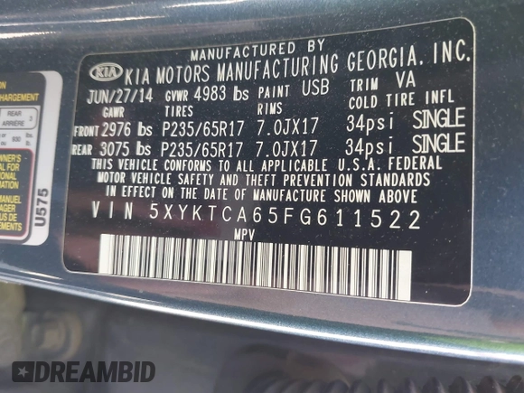 2015 Kia Sorento LX with VIN 5XYKTCA65FG611522, listed as a IAAI auction lot 41861461 with 200,615 mi miles. Bid and sale history available at carsss.com. Image 9.