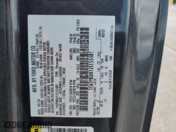 2018 Ford Mustang EcoBoost Premium with VIN 1FATP8UH1J5155481, listed as a Copart auction lot 55479185 with 115,978 mi miles and Salvage title. Bid and sale history available at DreamBid. Image 12.