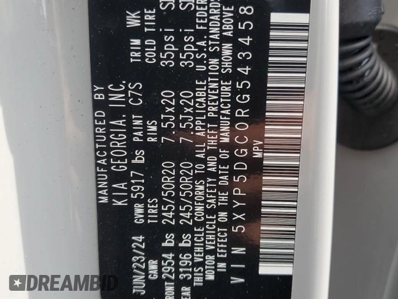 2024 Kia Telluride SX X-Line with VIN 5XYP5DGC0RG543458, listed as a Copart auction lot 81032644 with 18 mi miles and Salvage Title. Bid and sale history available at carsss.com. Image 14.