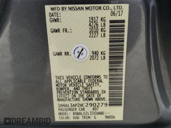 2017 Nissan Altima SV with VIN 1N4AL3AP2HC290279, listed as a Copart auction lot 63930815 with 79,072 mi miles and Salvage title. Bid and sale history available at DreamBid. Image 12.