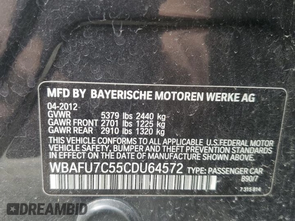 2012 BMW 5 Series 535i xDrive with VIN WBAFU7C55CDU64572, listed as a Copart auction lot 52482265 with 142,847 mi miles and Salvage Title. Bid and sale history available at carsss.com. Image 12.