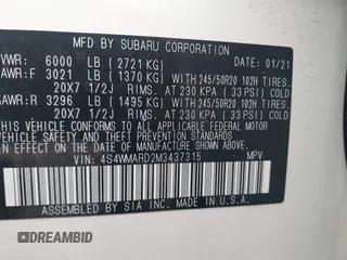 2021 Subaru Ascent Touring с VIN 4S4WMARD2M3437315, выставлен на аукционе IAAI как лот 42095421 с пробегом 43 497 миль миль и . История ставок и продаж доступна на DreamBid. Изображение 9.