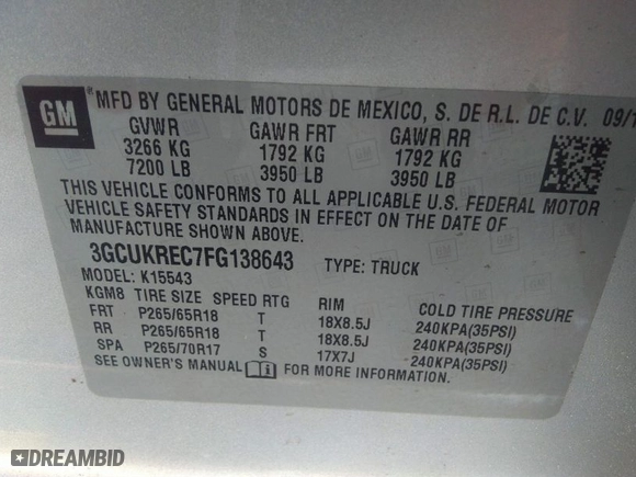 2015 Chevrolet Silverado 1500 LT with VIN 3GCUKREC7FG138643, listed as a IAAI auction lot 41582933 with 112,771 mi miles. Bid and sale history available at carsss.com. Image 9.