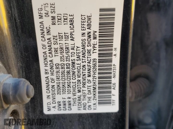 2015 Honda CR-V EX-L with VIN 2HKRM3H72FH526639, listed as a Copart auction lot 44254775 with 169,553 mi miles and Salvage Title. Bid and sale history available at carsss.com. Image 13.