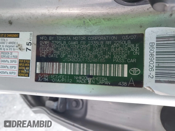 2007 Toyota Prius with VIN JTDKB20U173248185, listed as a IAAI auction lot 42021752 with 407,347 mi miles. Bid and sale history available at carsss.com. Image 9.