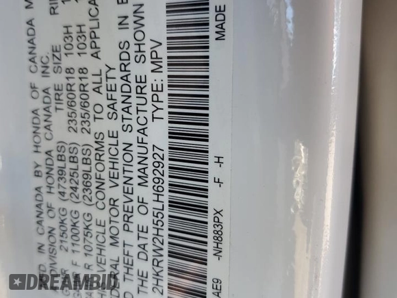 2020 Honda CR-V EX with VIN 2HKRW2H55LH692927, listed as a Copart auction lot 53319685 with Not provided miles and Salvage title. Bid and sale history available at DreamBid. Image 14.