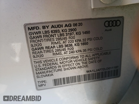 2020 Audi Q7 Premium Plus with VIN WA1LJAF72LD011187, listed as a Copart auction lot 64399252 with 32,573 mi miles and . Bid and sale history available at DreamBid. Image 10.